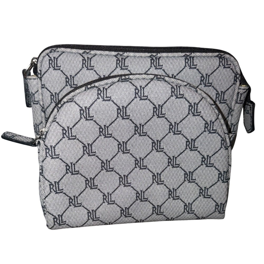 Lauren Ralph Lauren Monogram Jacquard Cosmetic Bag Set Navy Gray 2 Piece Travel